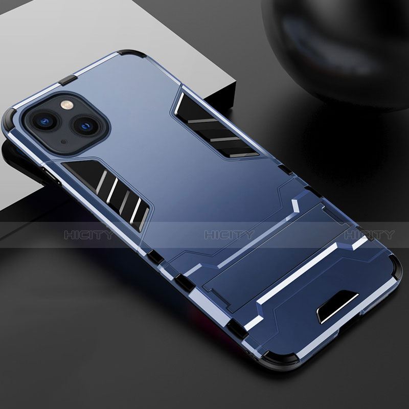 Coque Contour Silicone et Plastique Housse Etui Mat avec Support A01 pour Apple iPhone 15 Bleu Plus