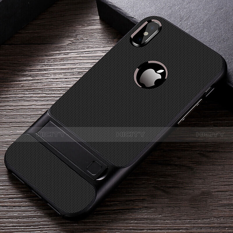 Coque Contour Silicone et Plastique Housse Etui Mat avec Support A01 pour Apple iPhone X Noir Plus