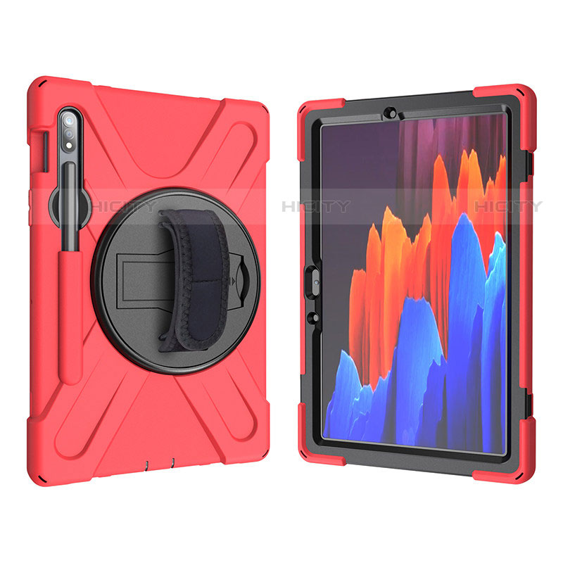 Coque Contour Silicone et Plastique Housse Etui Mat avec Support A01 pour Samsung Galaxy Tab S7 4G 11 SM-T875 Rouge Plus