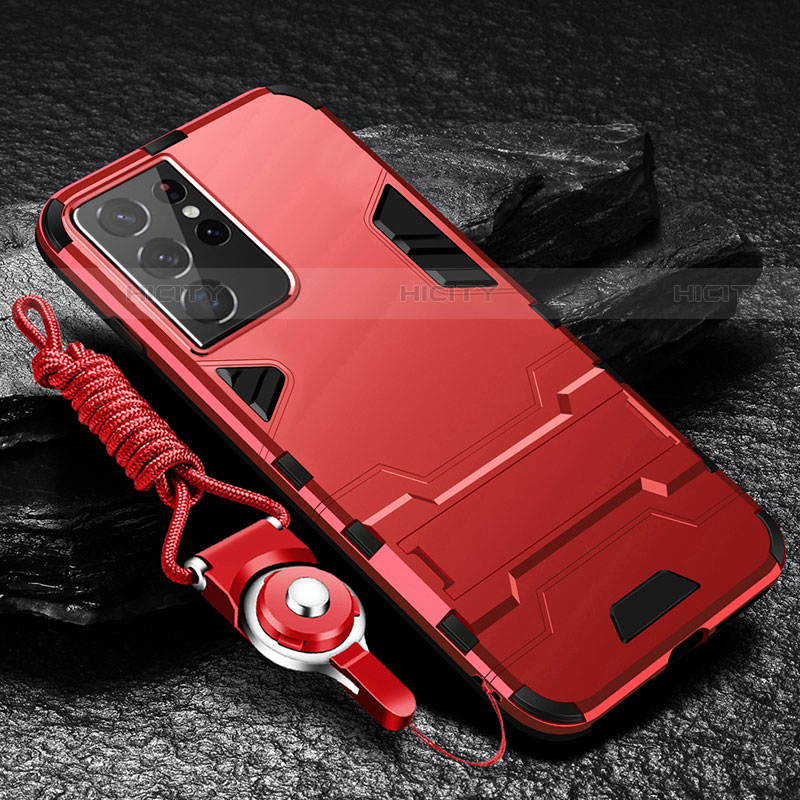 Coque Contour Silicone et Plastique Housse Etui Mat avec Support A05 pour Samsung Galaxy S21 Ultra 5G Plus