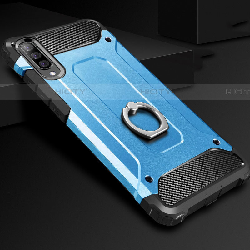 Coque Contour Silicone et Plastique Housse Etui Mat avec Support Bague Anneau H01 pour Samsung Galaxy A70 Bleu Ciel Plus