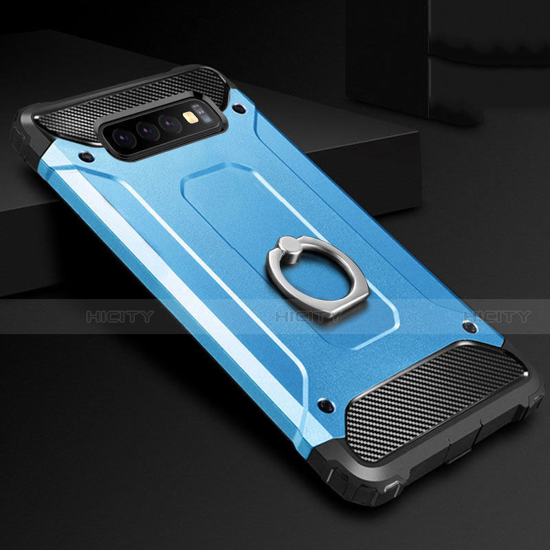 Coque Contour Silicone et Plastique Housse Etui Mat avec Support Bague Anneau H01 pour Samsung Galaxy S10 5G Bleu Ciel Plus