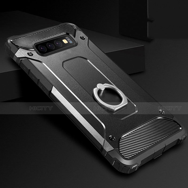 Coque Contour Silicone et Plastique Housse Etui Mat avec Support Bague Anneau H01 pour Samsung Galaxy S10 Noir Plus
