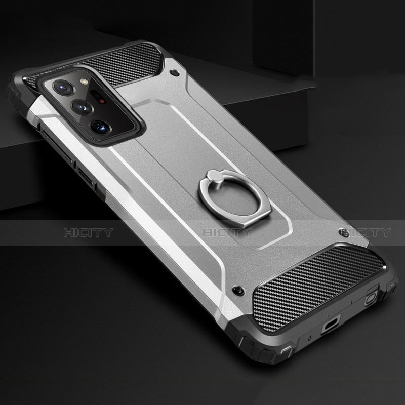 Coque Contour Silicone et Plastique Housse Etui Mat avec Support Bague Anneau N01 pour Samsung Galaxy Note 20 Ultra 5G Argent Plus