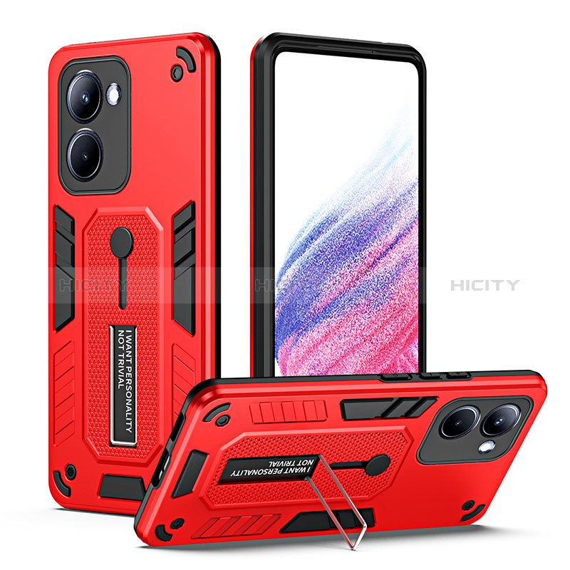 Coque Contour Silicone et Plastique Housse Etui Mat avec Support H01P pour Realme 10 Pro 5G Rouge Plus