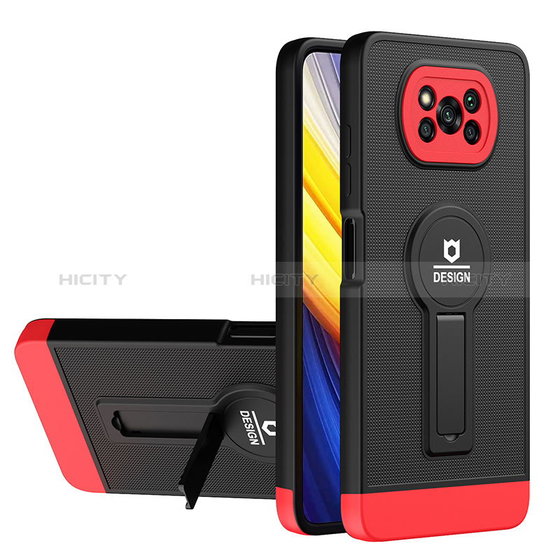Coque Contour Silicone et Plastique Housse Etui Mat avec Support H01P pour Xiaomi Poco X3 NFC Rouge et Noir Plus