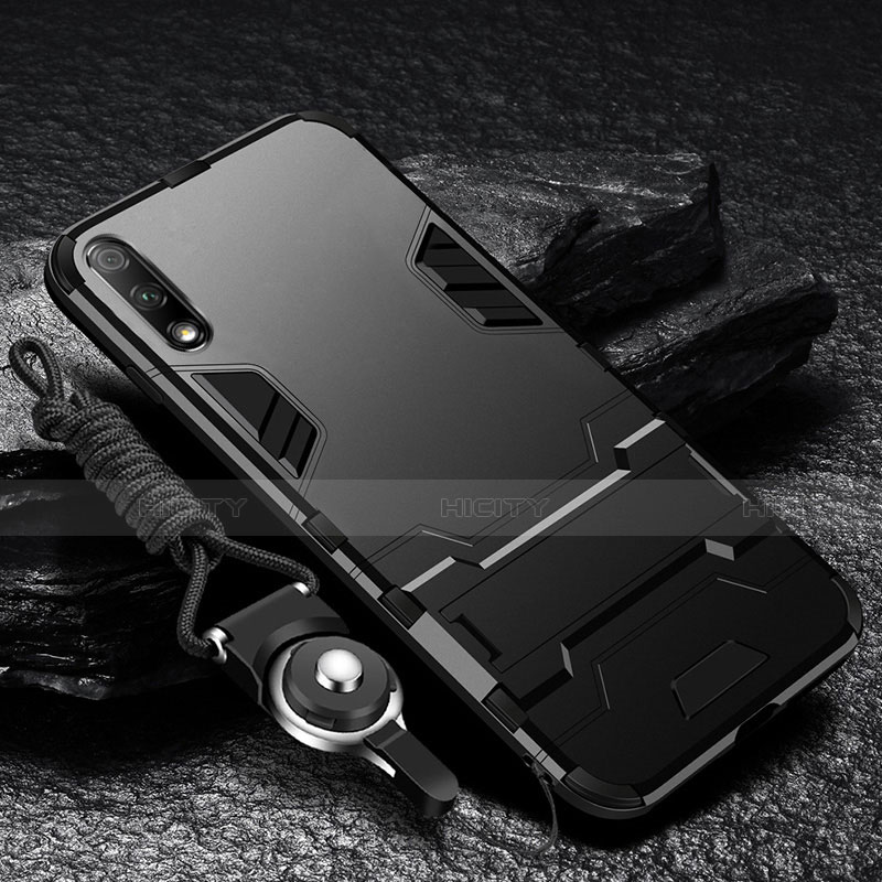 Coque Contour Silicone et Plastique Housse Etui Mat avec Support pour Huawei Enjoy 10 Noir Plus