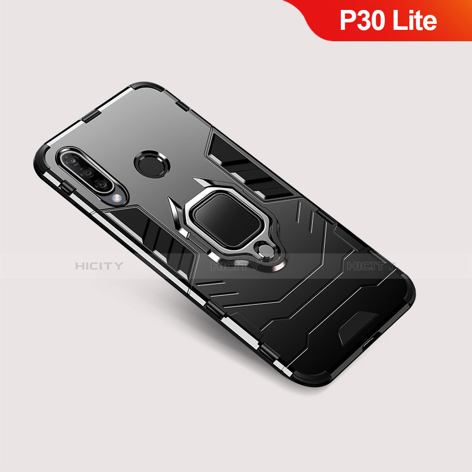 Coque Contour Silicone et Plastique Housse Etui Mat avec Support pour Huawei P30 Lite New Edition Noir Plus