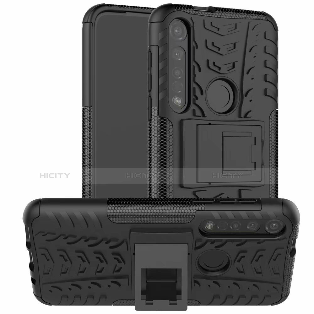 Coque Contour Silicone et Plastique Housse Etui Mat avec Support pour Motorola Moto G8 Plus Noir Plus