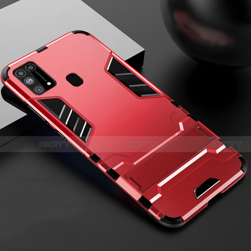 Coque Contour Silicone et Plastique Housse Etui Mat avec Support pour Samsung Galaxy M21s Rouge Plus