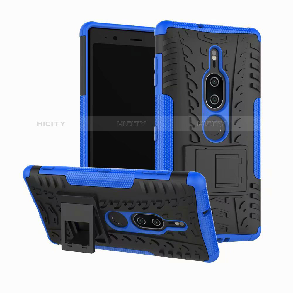 Coque Contour Silicone et Plastique Housse Etui Mat avec Support pour Sony Xperia XZ2 Premium Bleu Plus