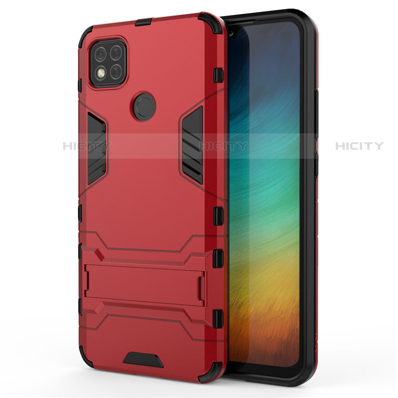 Coque Contour Silicone et Plastique Housse Etui Mat avec Support pour Xiaomi Redmi 9C Rouge Plus