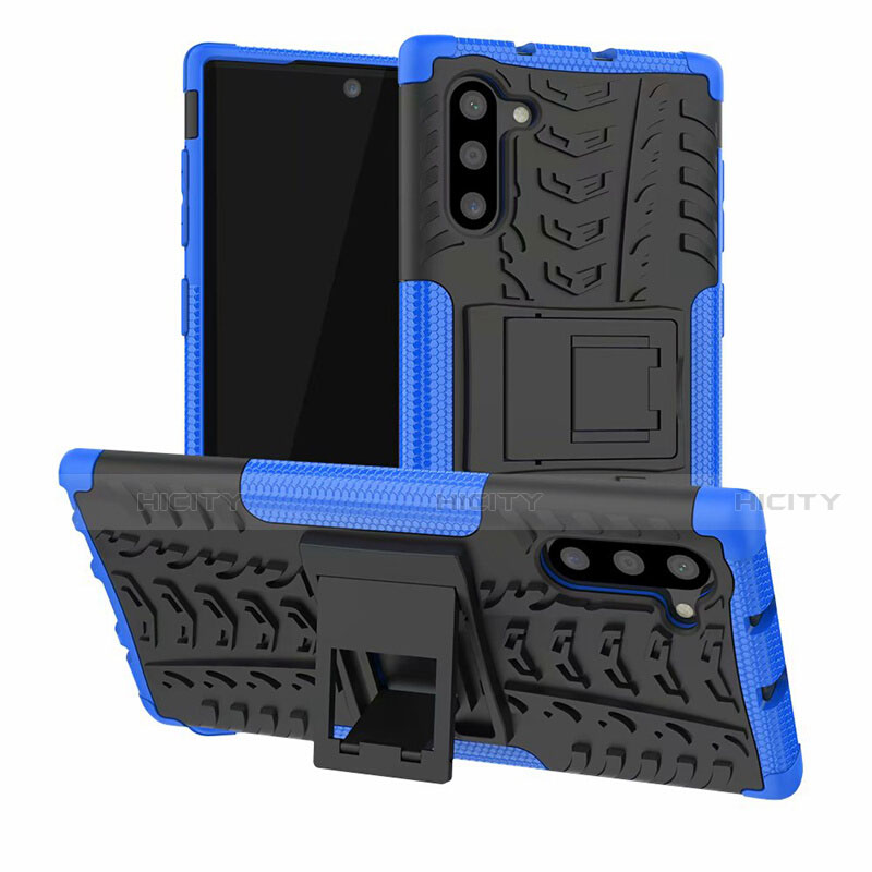 Coque Contour Silicone et Plastique Housse Etui Mat avec Support R01 pour Samsung Galaxy Note 10 5G Bleu Plus