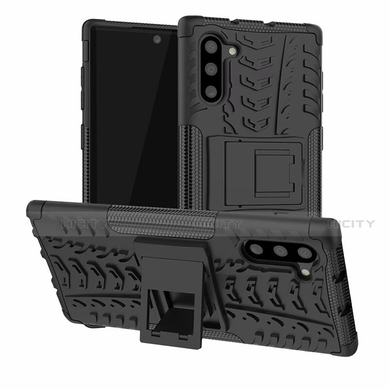 Coque Contour Silicone et Plastique Housse Etui Mat avec Support R01 pour Samsung Galaxy Note 10 Noir Plus