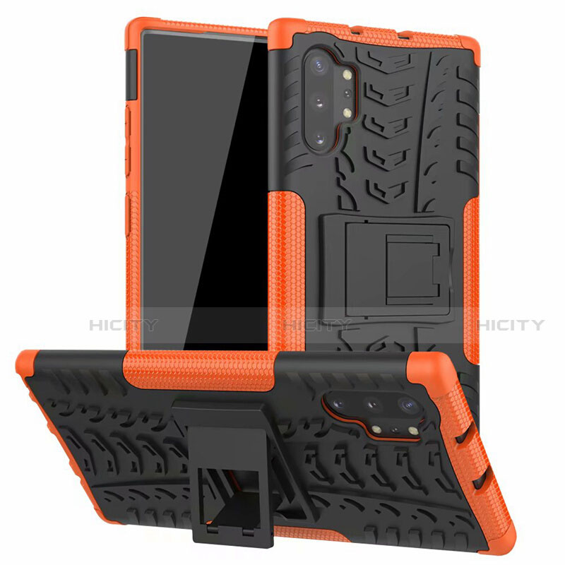 Coque Contour Silicone et Plastique Housse Etui Mat avec Support R01 pour Samsung Galaxy Note 10 Plus 5G Orange Plus