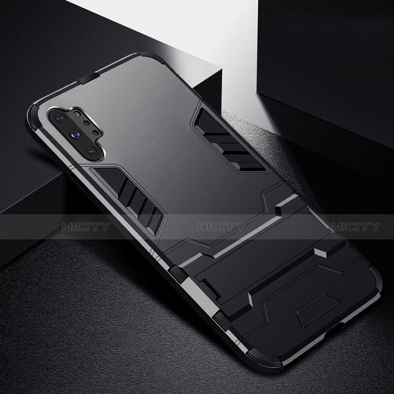 Coque Contour Silicone et Plastique Housse Etui Mat avec Support R02 pour Samsung Galaxy Note 10 Plus 5G Noir Plus