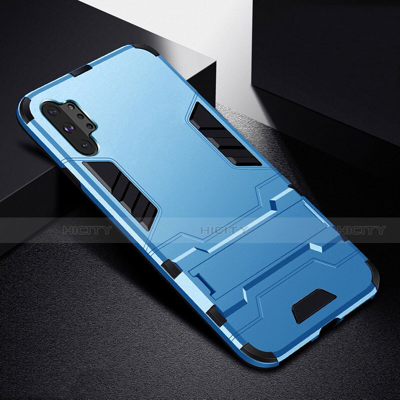 Coque Contour Silicone et Plastique Housse Etui Mat avec Support R02 pour Samsung Galaxy Note 10 Plus Bleu Ciel Plus