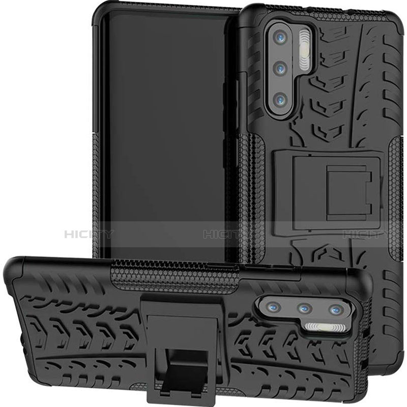 Coque Contour Silicone et Plastique Housse Etui Mat avec Support R03 pour Huawei P30 Pro New Edition Noir Plus