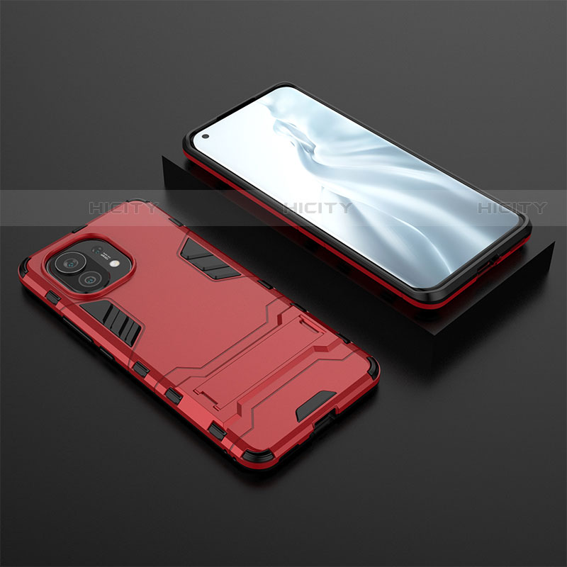 Coque Contour Silicone et Plastique Housse Etui Mat avec Support R03 pour Xiaomi Mi 11 5G Rouge Plus