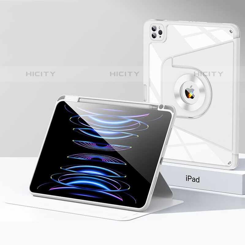 Coque Contour Silicone et Plastique Housse Etui Mat avec Support S01 pour Apple iPad Pro 12.9 (2020) Blanc Plus