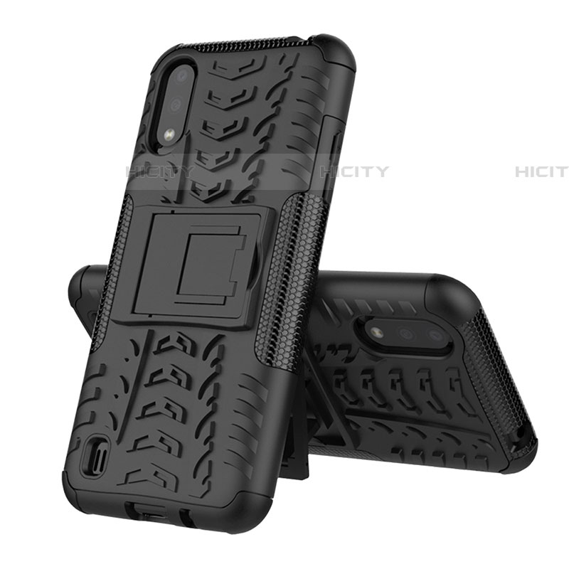 Coque Contour Silicone et Plastique Housse Etui Mat avec Support T04 pour Samsung Galaxy A01 SM-A015 Noir Plus