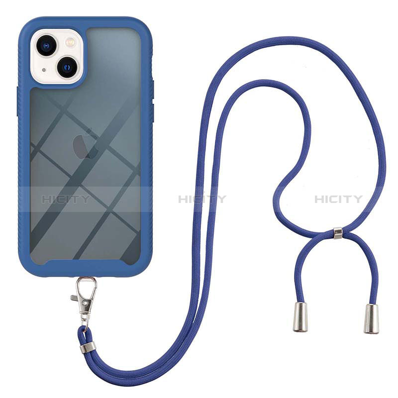 Coque Contour Silicone et Plastique Housse Etui Protection Integrale 360 Degres avec Laniere Strap pour Apple iPhone 14 Bleu Plus
