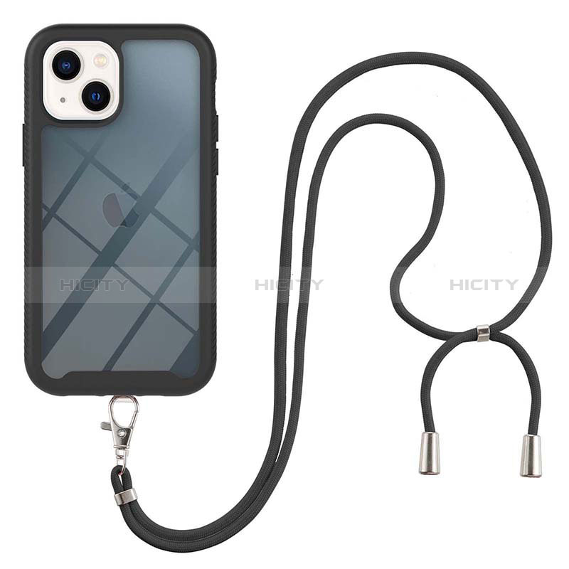 Coque Contour Silicone et Plastique Housse Etui Protection Integrale 360 Degres avec Laniere Strap pour Apple iPhone 14 Noir Plus