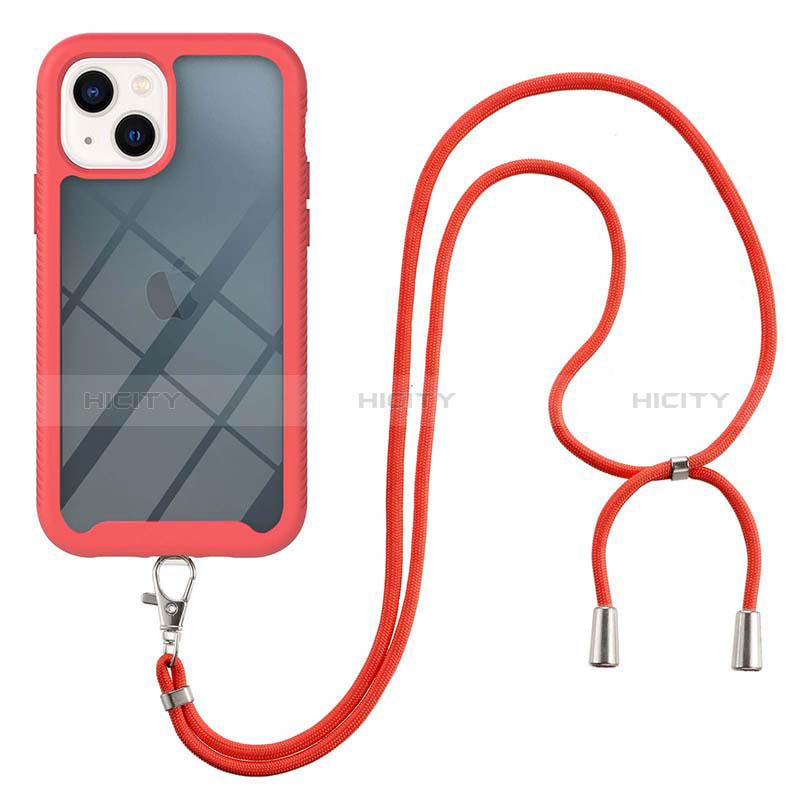 Coque Contour Silicone et Plastique Housse Etui Protection Integrale 360 Degres avec Laniere Strap pour Apple iPhone 14 Rouge Plus