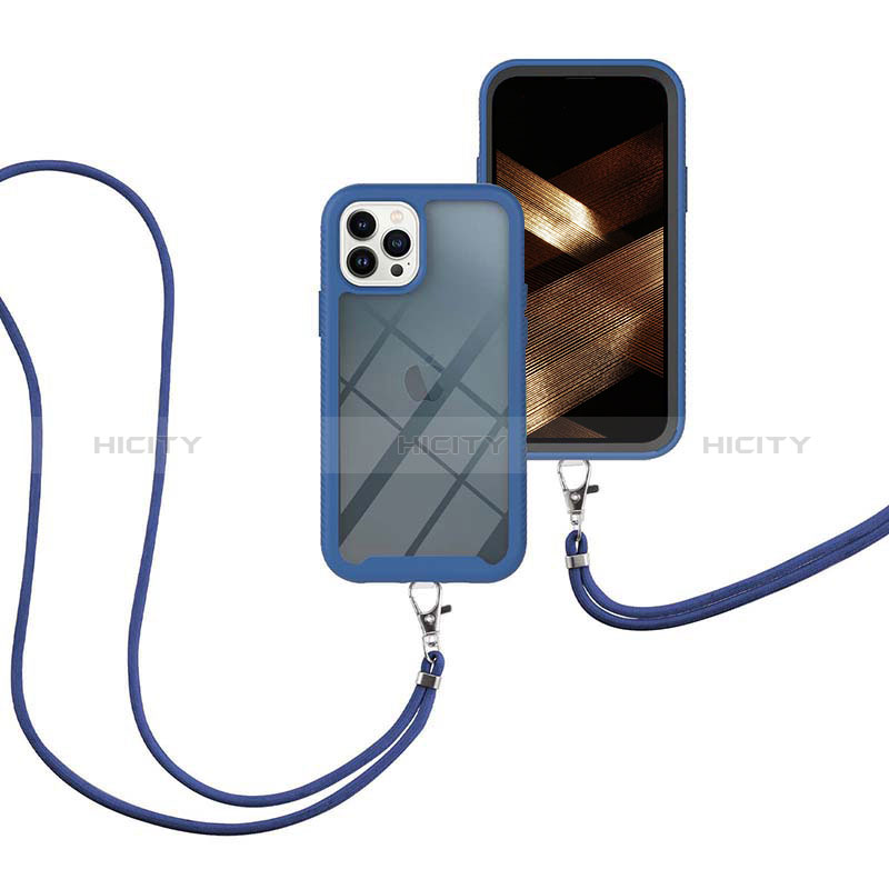 Coque Contour Silicone et Plastique Housse Etui Protection Integrale 360 Degres avec Laniere Strap pour Apple iPhone 15 Pro Bleu Plus