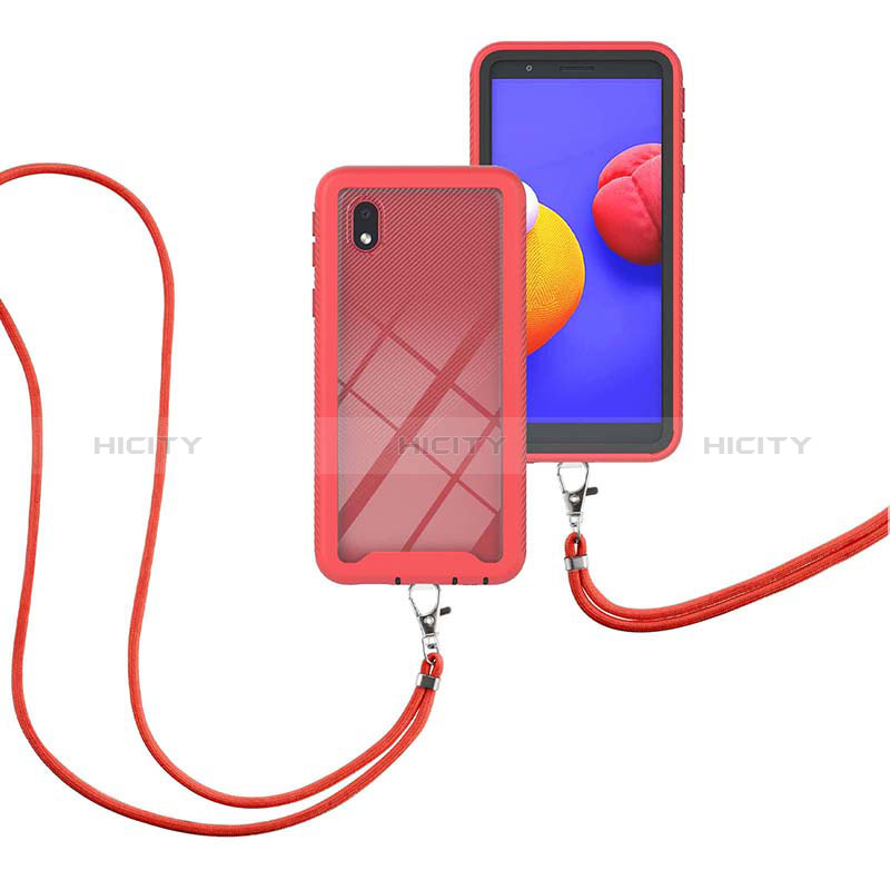 Coque Contour Silicone et Plastique Housse Etui Protection Integrale 360 Degres avec Laniere Strap pour Samsung Galaxy A01 Core Rouge Plus