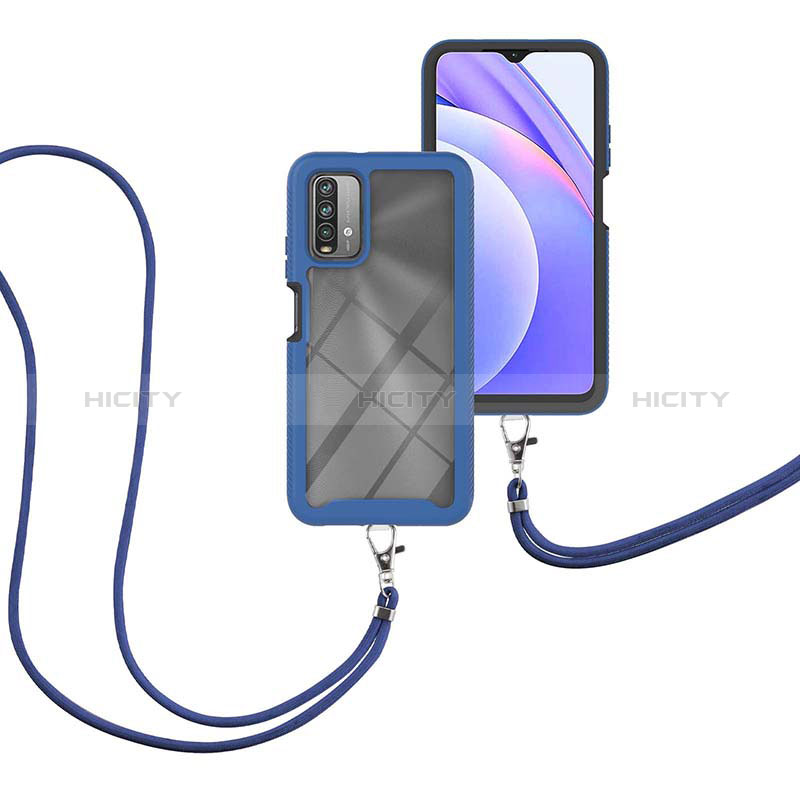 Coque Contour Silicone et Plastique Housse Etui Protection Integrale 360 Degres avec Laniere Strap pour Xiaomi Redmi 9T 4G Bleu Plus