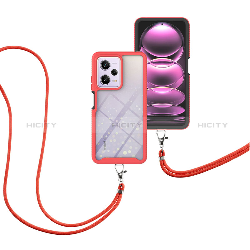 Coque Contour Silicone et Plastique Housse Etui Protection Integrale 360 Degres avec Laniere Strap pour Xiaomi Redmi Note 12 Pro 5G Rouge Plus