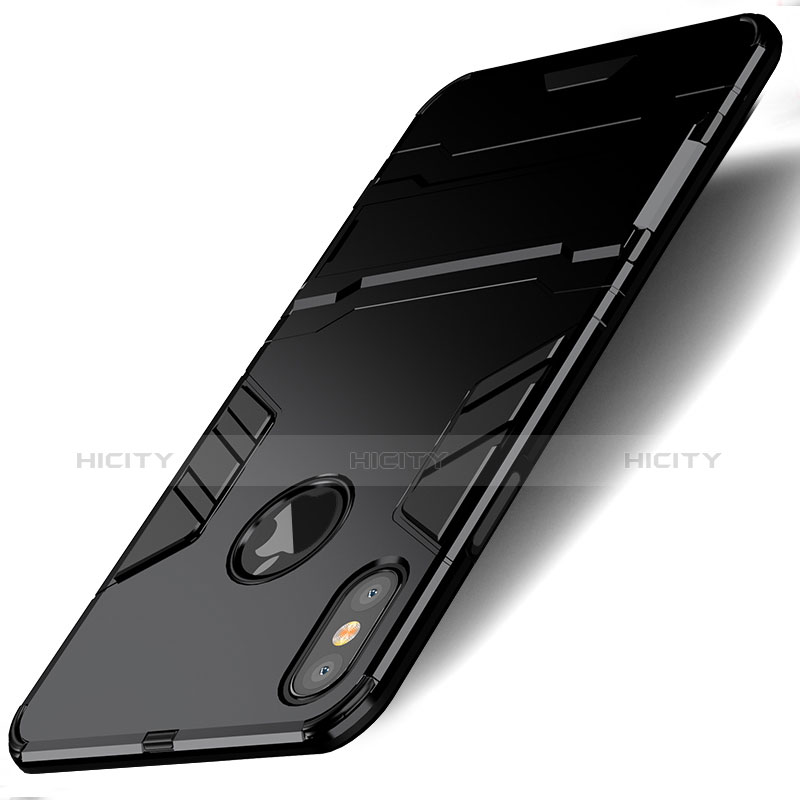 Coque Contour Silicone et Plastique Mat avec Support pour Apple iPhone X Noir Plus