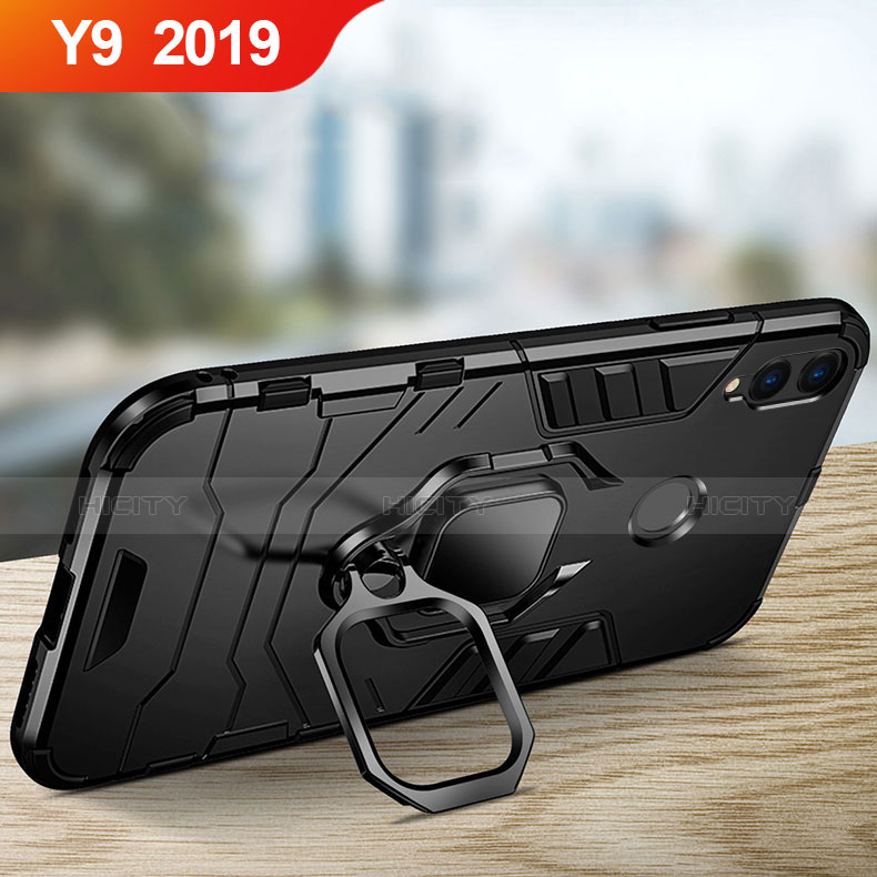 Coque Contour Silicone et Plastique Mat avec Support pour Huawei Y9 (2019) Noir Plus