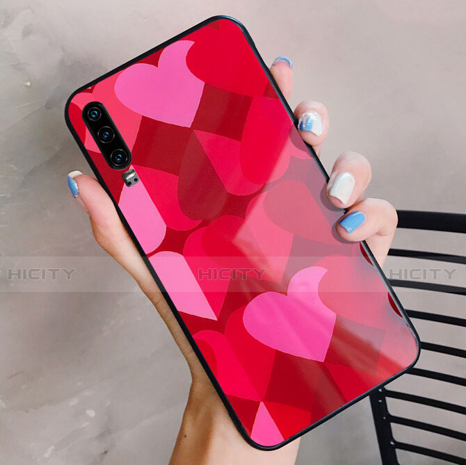 Coque Contour Silicone et Vitre Amour Coeur Miroir Etui Housse pour Huawei P30 Rouge Plus