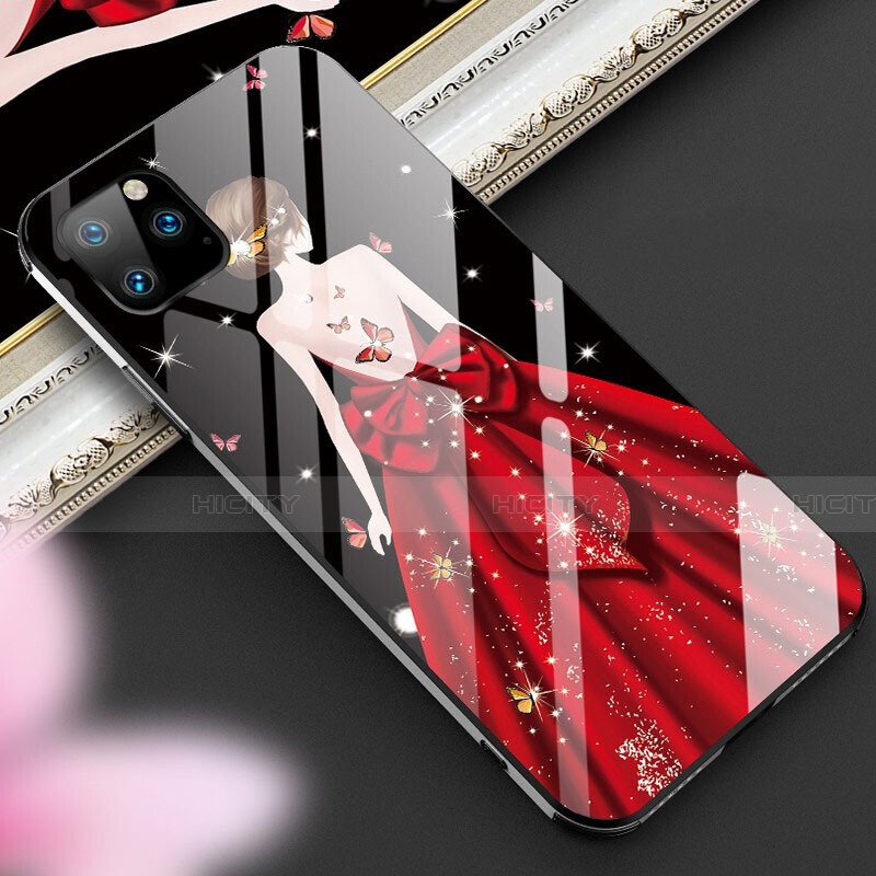 Coque Contour Silicone et Vitre Dos de Fille Miroir Etui Housse M01 pour Apple iPhone 11 Pro Rouge et Noir Plus