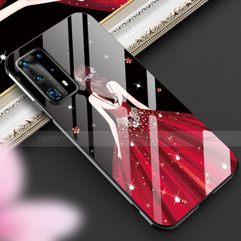 Coque Contour Silicone et Vitre Dos de Fille Miroir Etui Housse pour Huawei P40 Pro+ Plus Rouge et Noir Plus