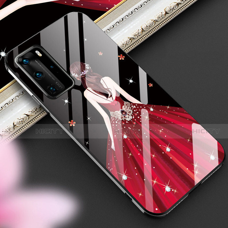 Coque Contour Silicone et Vitre Dos de Fille Miroir Etui Housse pour Huawei P40 Pro Rouge et Noir Plus