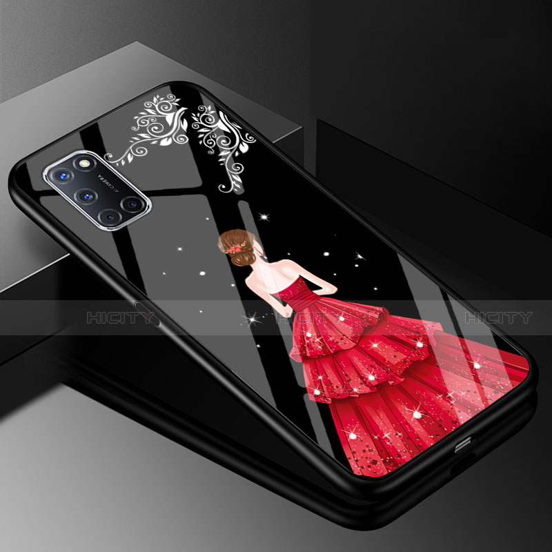 Coque Contour Silicone et Vitre Dos de Fille Miroir Etui Housse pour Oppo A92 Rouge et Noir Plus