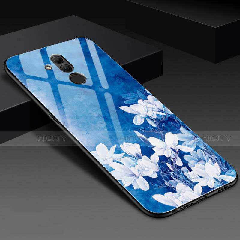 Coque Contour Silicone et Vitre Fleurs Miroir Etui Housse H02 pour Huawei Mate 20 Lite Bleu Plus