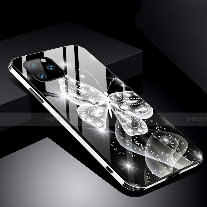 Coque Contour Silicone et Vitre Fleurs Miroir Etui Housse M01 pour Apple iPhone 11 Pro Noir Plus