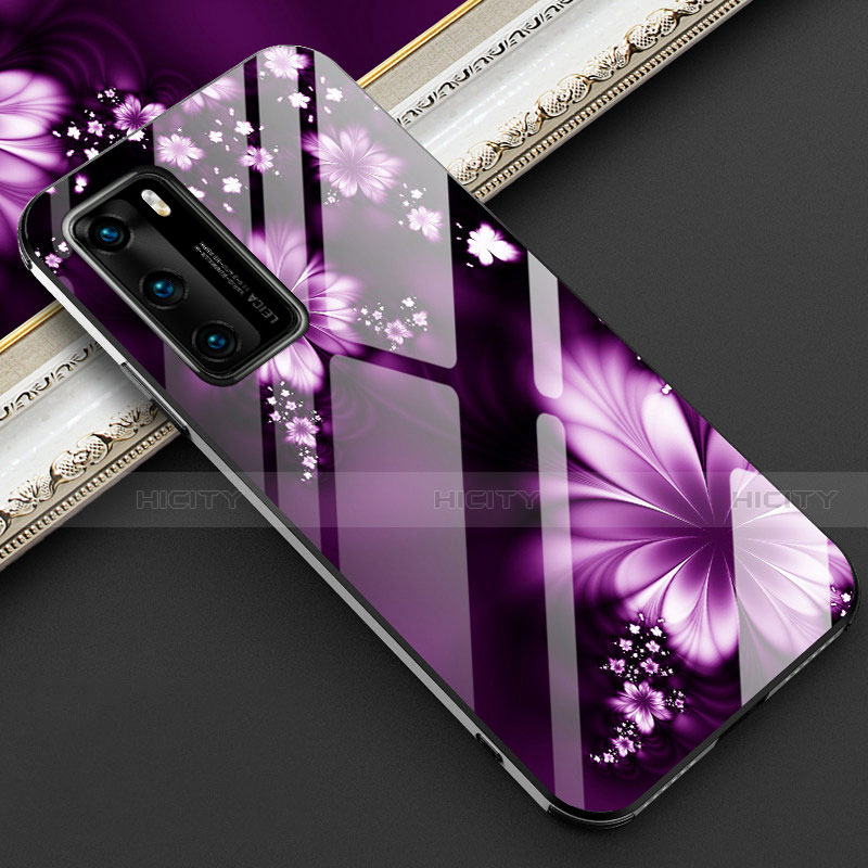 Coque Contour Silicone et Vitre Fleurs Miroir Etui Housse pour Huawei P40 Plus