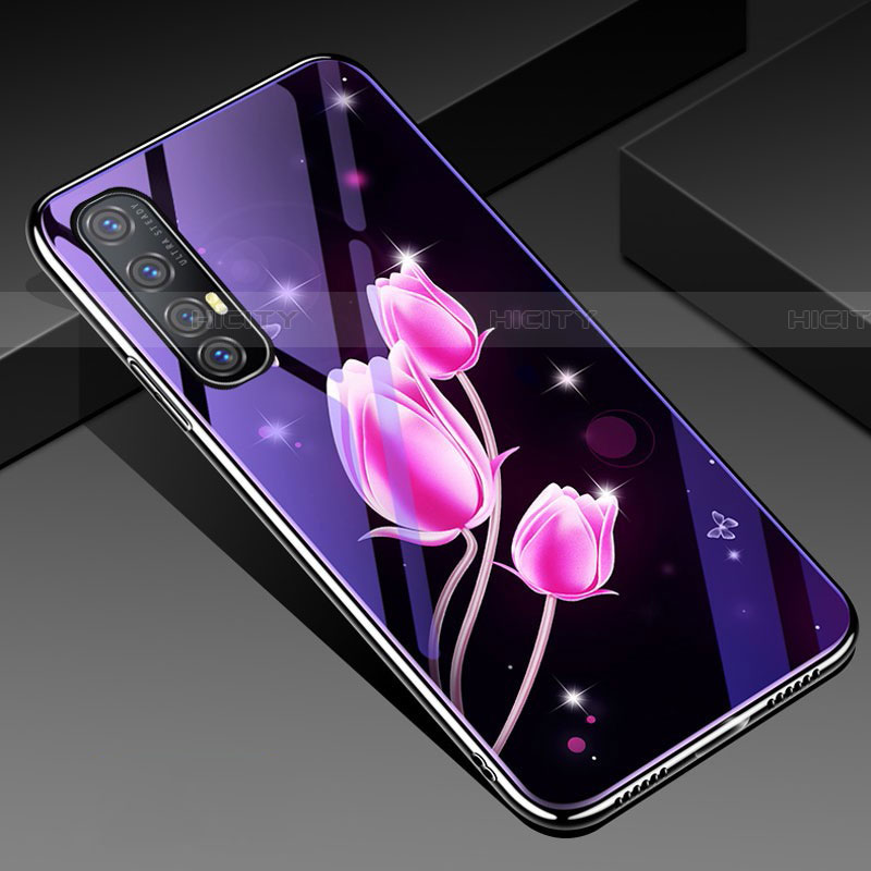 Coque Contour Silicone et Vitre Fleurs Miroir Etui Housse pour Oppo Reno3 Pro Plus