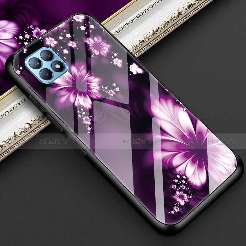 Coque Contour Silicone et Vitre Fleurs Miroir Etui Housse pour Oppo Reno4 SE 5G Violet Plus