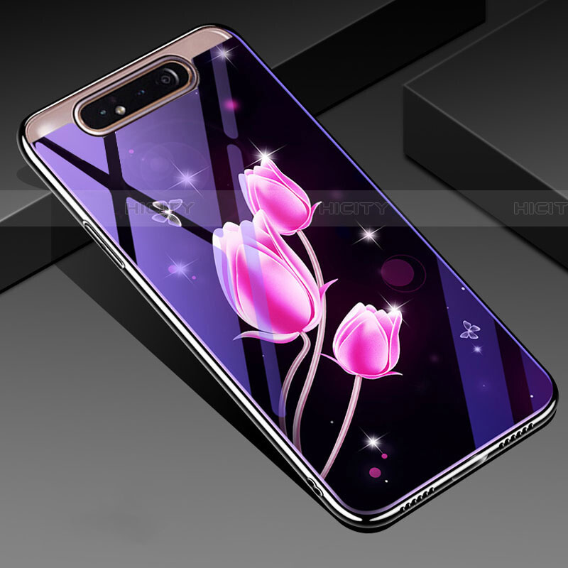 Coque Contour Silicone et Vitre Fleurs Miroir Etui Housse pour Samsung Galaxy A90 4G Plus
