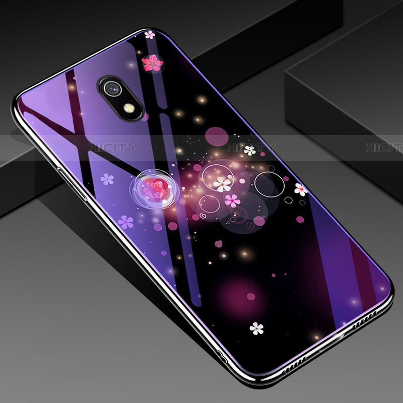 Coque Contour Silicone et Vitre Fleurs Miroir Etui Housse pour Xiaomi Redmi 8A Violet Plus