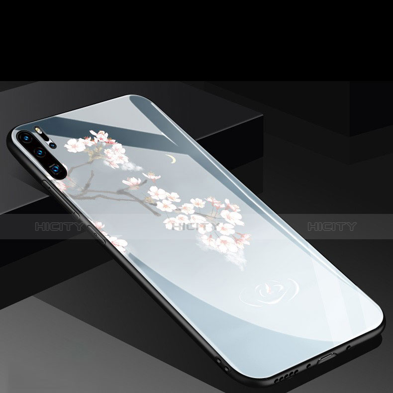 Coque Contour Silicone et Vitre Fleurs Miroir pour Huawei P30 Pro Bleu Ciel Plus