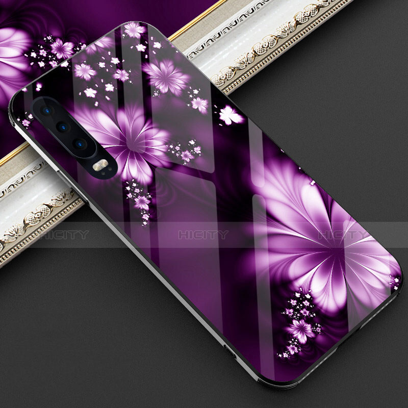 Coque Contour Silicone et Vitre Fleurs Miroir pour Huawei P30 Violet Plus