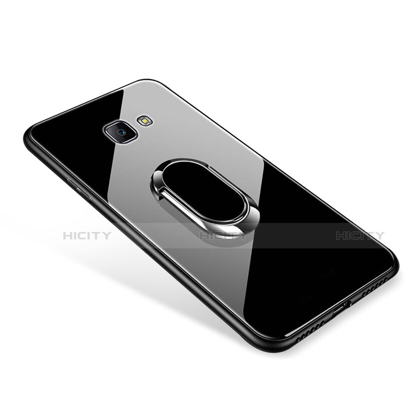 Coque Contour Silicone et Vitre Miroir Housse Etui avec Support Bague Anneau pour Samsung Galaxy J7 Prime Noir Plus