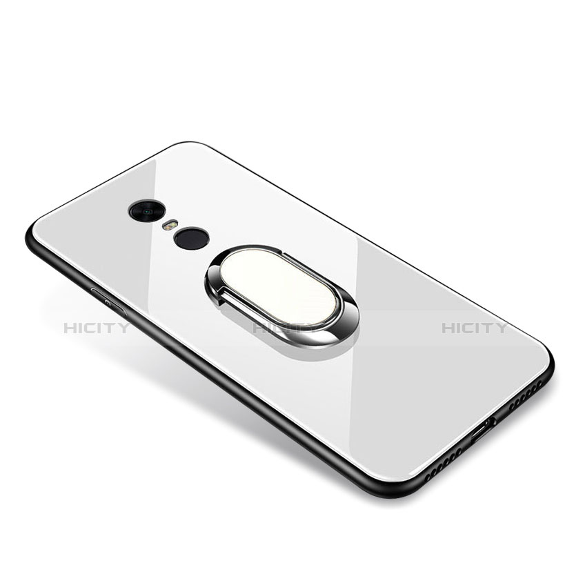 Coque Contour Silicone et Vitre Miroir Housse Etui avec Support Bague Anneau pour Xiaomi Redmi Note 5 Indian Version Blanc Plus